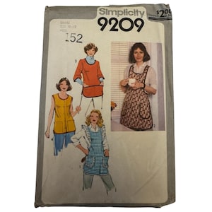 May include: A Simplicity 9209 sewing pattern envelope for size small 10-12. The front features illustrations and a photograph of four different apron styles, including a checkered apron, a solid yellow vest, and an orange tunic with pockets.