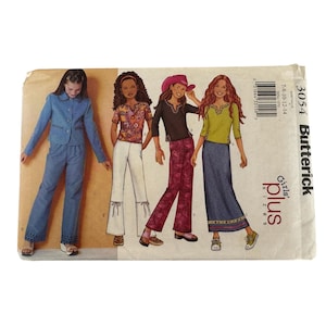 May include: Butterick 3054 sewing pattern envelope for girls' plus sizes 7-8-10-12-14. The illustration shows four outfits: a blue denim-style jacket and pants set, a floral top with white pants, a black top with pink pants, and a green top with a skirt.