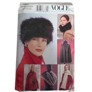 May include: Vogue Accessories V641 sewing pattern envelope featuring illustrations of a faux fur hat, a faux fur collar, a cape, and a scarf. The packaging displays the brand name Vogue Accessories and the pattern number V641 with a barcode.
