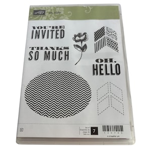 Juego de sellos de goma transparentes de Stampin Up Oh Hello Chevon Oval Thanks So Much Word