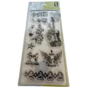 Jeu de 9 tampons transparents Inkadinkado, note de musique pour guitare rock star rock n roll