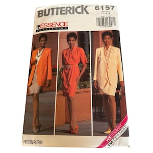 May include: Butterick Essence Collection sewing pattern 6157. The pattern features three women modeling different outfits: an orange blazer, a coral wrap dress, and a cream-colored suit. The pattern size is 12-14-16. The text "YES! IT'S EASY!" is visible.