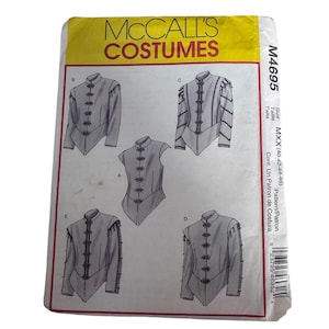 May include: A McCall's Costumes sewing pattern envelope M4695, size MXX (40-42-44-46), featuring illustrations of five variations of a high-collared, front-fastening jacket or vest with decorative frog closures and sleeve detailing.