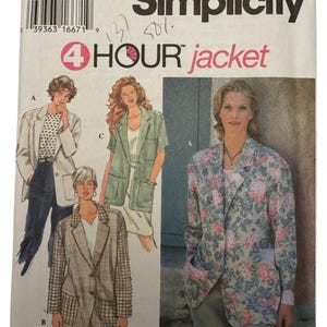 May include: Simplicity sewing pattern for a 4-hour jacket. The pattern features illustrations of different jacket styles, including a floral print jacket and a plaid jacket. The pattern includes size options and measurements in inches.