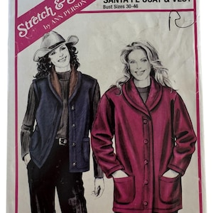 May include: A vintage sewing pattern for a Santa Fe coat and vest, featuring illustrations of the garments. The pattern, labeled F836, includes bust sizes 30-46. The envelope has the text "Stretch & Sew by Ann Person".