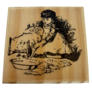 Victorian Girl Wood Mounted Rubber Stamp Child Doll Bed Childhood Card Making