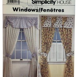 May include: Simplicity House pattern for window treatments. The pattern features two window designs: one with a floral valance and curtains, and another with a ruffled valance and curtains. The text "Windows/Fenêtres" is visible.