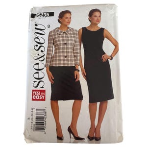 May include: A See & Sew B5235 sewing pattern envelope featuring illustrations of a plaid jacket with a collar and two buttons, a black knee-length skirt, and a sleeveless black sheath dress. The text includes B5235, See & Sew, and YES! IT'S EASY.