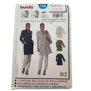 May include: A Burda pattern envelope featuring a coat design, with the number 7786 in a blue box. The envelope shows illustrations of the coat in various colors and styles, along with size information.