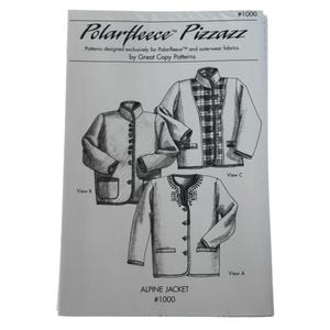 May include: A sewing pattern envelope titled Polarfleece Pizzazz #1000 by Great Copy Patterns. The cover features black and white line drawings of three jacket variations labeled View A, View B, and View C, showcasing different button and trim details.