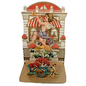 Tarjeta desplegable vintage alemana de San Valentín con querubines, escena romántica, recuerdo de amor