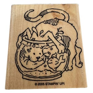 Stampin Up Rubber Stamp Cat in Fishbowl Gold Fish Friendship Card Making Animal