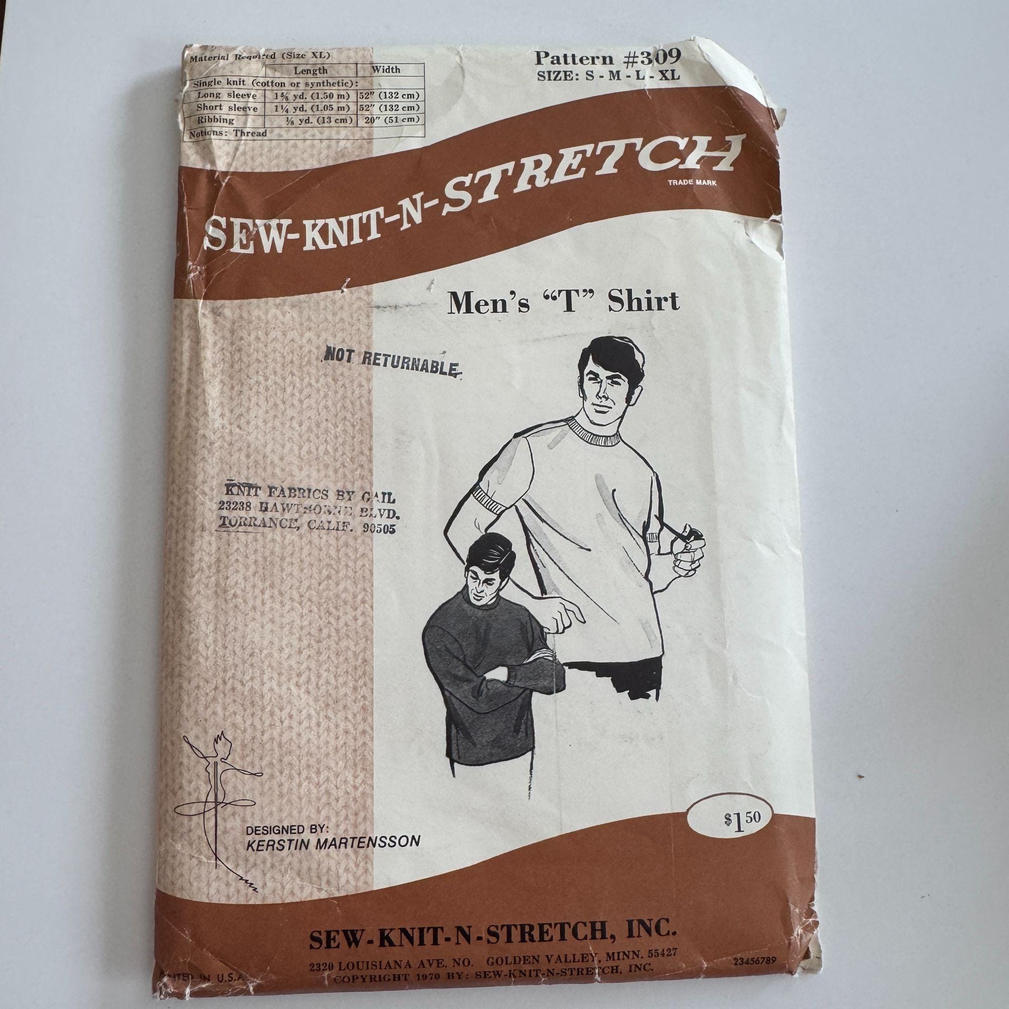 Vintage 1970s Men's T-shirt Sewing Pattern: Sew Knit N Stretch 309