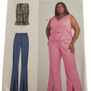 May include: Simplicity sewing pattern S9689 featuring a sleeveless top and pants with a front slit. The pattern includes a vest with a yellow and brown pattern and a pink suit. The size range is U.S. 10-18.