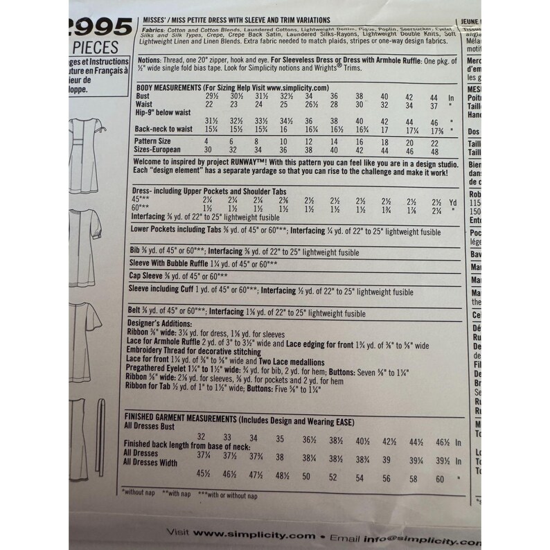 May include: A Simplicity sewing pattern envelope back featuring technical specifications for a dress with sleeve and trim variations. The white paper includes black text detailing fabric requirements, body measurements in inches, and notions.