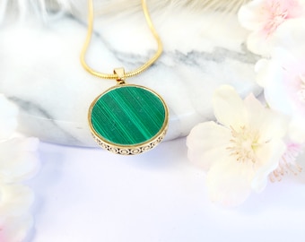 Malachiet hanger ketting, groene edelsteen, 18k goud, ronde hanger, vintage stijl, damessieraden, cadeau voor haar, moederdagcadeau, eenvoudig, uniek