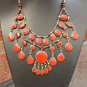 Kuchi statement necklace,afghan jewelry,red Coral teardrop,ethnic pendant,bohi,Turkmen,ethnic,gypsy gift for her,tribal jewellery,dramatic