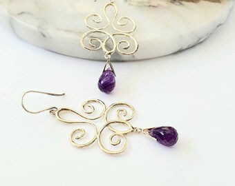 Natural amethyst earrings,Sterling silver, gemstone earrings,natural stone,light wight,purple,long elegant earrings,gift for her