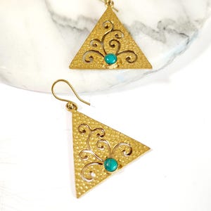Ethnic Turquoise drop earrings,gold vintage,women jewellery,gift for her,work simple earrings,laser cut,hammered,boho,tribal,natural