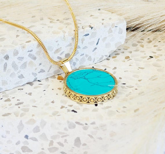 Collana perline Turchese, Malachite e Pirite Ciondolo Pave Diamond