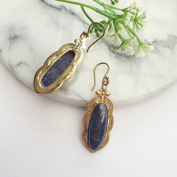 Boucles D'oreilles Anciennes Plaqué Or - Rose En Bakélite Et Lapis-lazuli Véritable - Occasion Vintage