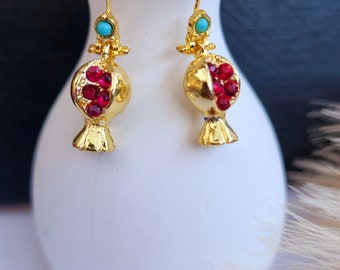 Gold Pomegranate earrings,dangle drop,18k gold filled,red earrings,women jewellery,modern, gift for her,gift box available,middle eastern