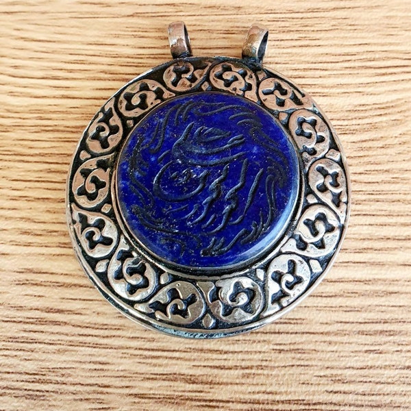 Engraved lapis lazuli pendant,genuine lapis  Turkmen pendant,vintage rare pendant,necklace pendant,handcrafted pendant,Afghajewelry,