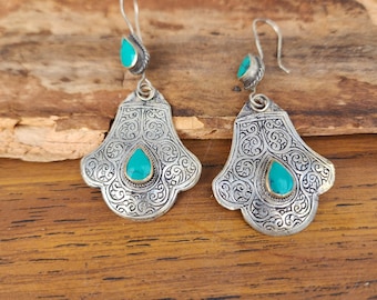Turquoise vintage earrings,kuchi,afghan jewelry, carved silver earrings,ethnic,gift for her,tribal,boho,unique,chunky,long,artesian jewelry