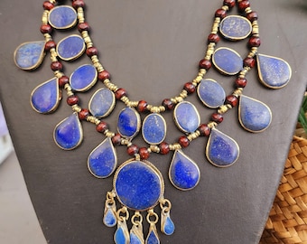 lapis lazuli necklace,bib necklace,statement necklace,Afghan jewelry,ethnic necklace,royal blue,beaded necklace,gift for her,vintage necklac