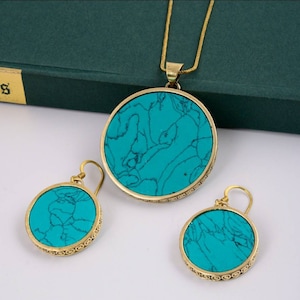 Turquoise Necklace pendant,circle pendant,18k plated necklace earrings,Turquoise jewellery set,gift for her genuine