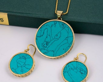 Colgante de collar de turquesa, colgante circular, pendientes de collar chapados en 18 k, conjunto de joyas de turquesa, regalo genuino para ella.