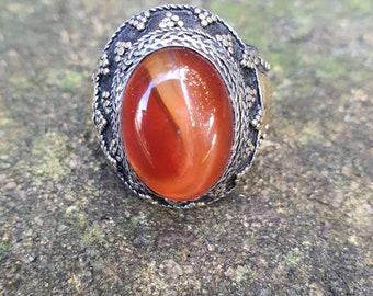 Anillo de cornalina, anillo genuino aqeeq, joyería dramática, anillo étnico, yemení, joyería del Medio Oriente, anillo gótico de hombres / mujeres, regalo para él, vintage