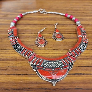 Red Coral Sterling Silver Tribal Necklace and Earrings Set, Vintage Nepal Style