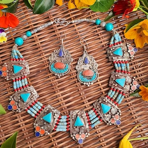 Tibetaner ethnischen Halskette Set,Türkis Statement Kette,Boho Ohrringe,Lapis Lazuli Schmuck Set,Geschenk für Mutter,Geschenkidee,Mosaik,Stein