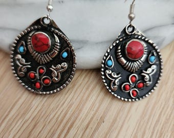 Boho vintage earrings,kuchi,afghan jewelry, round dangle drop earrings,ethnic jewellery,gift for her,tribal,boho earrings,unique,ethnic,red