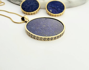 Conjunto de collar y pendientes de lapislázuli, collar con colgante circular de oro, pendientes colgantes redondos, pendientes de oro, conjunto de oro de 18 quilates, piedra preciosa auténtica, étnico, regalo