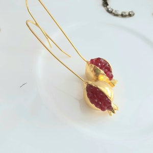 Gold Pomegranate earrings,long drop,18k gold plated,red earrings,women jewellery,modern, gift for her,gift box available