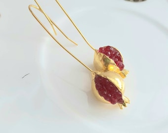 18k Gold Plated Pomegranate Earrings, Long Drop Red Jewelry