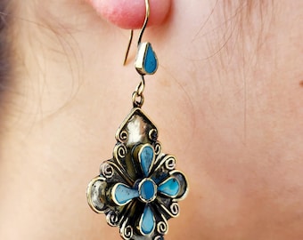 Turquoise round earrings,ethnic blue earrings, tribal jewelry,hoop earrings,silver turquoise earrings,Nepal jewellery,Tibetan earrings,gift