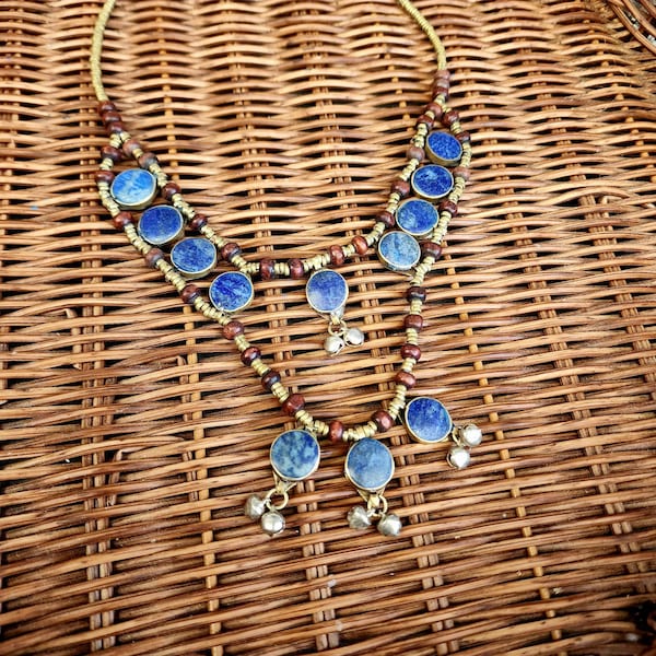 collier vintage Lapis lazuli, collier kuchi afghan, collier nomade, princesse bohaimian, boho, bijoux fleur, tribal, long, cadeau pour elle, unique