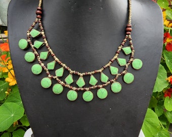 Green statement necklace,kuchi necklace,afghan jewellery,boho,tribal, ethnic,gift for her,handmade,unique,vintage necklace,bib necklace