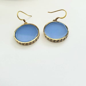 Blue gemstone earrings,round glod earrings,18k gold filled,handcrafted,elegant jewelry,boho earrings,Ocean blue,gift for her,unique gift