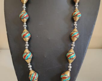 Lange ketting met turquoise kralen, Nepalese sieraden, vrouw, dikke ketting, cadeau voor haar, boho, tribal, etnische sieraden, handgemaakt, statement, uniek