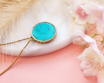 Turquoise pendant Necklace,gold circle pendant,genuine turquoise necklace,real stone,boho necklace,flat pendant,gold filled,gift for her