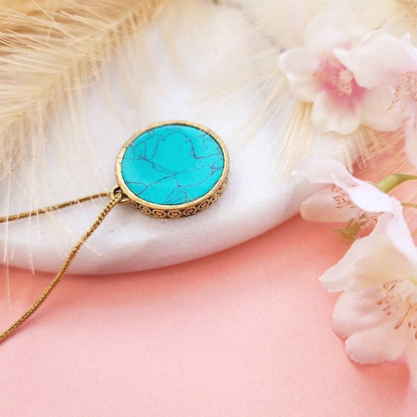 Collier pendentif turquoise, pendentif cercle en or, collier turquoise véritable, pierre véritable, collier bohème, pendentif plat, rempli d'or, cadeau pour elle