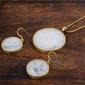Rainbow moonstone necklace set,18k gold plated,circle pendant,drop moonstone earrings,boho jewelry,valentine gift for her,real gemstone