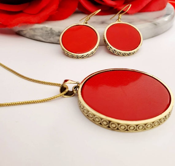 Red Coral necklace earrings set,18k gold necklace,round charm set,special occasion,wife anniversary gift,red drop earrings,handcrafted