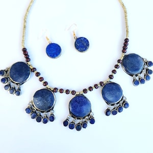 afghan lapis lazuli necklace,vintage,tribal,jewelry,boho,ethnic,Kuchi statement,unique,gift for her,holiday,festiva,traditiona,earrings,set