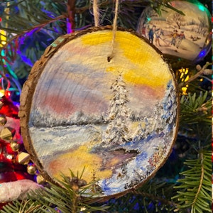 Unique gift, Christmas tree ornament, collectible. Oil painting on natural wood slice original Winter Snow Lake Sunset