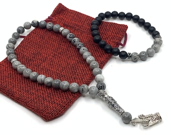 Kaart jaspis Tasbih, zwarte agaat kaart jaspis armband, Ismaili Taj Chuga Tasbih, unisex Tasbih, 33 Para Tasbih, handgemaakte Tasbih-armbandenset